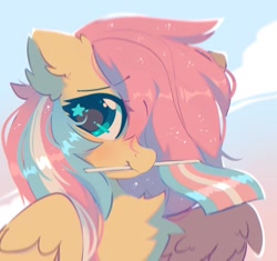 Size: 1302x1226 | Tagged: safe, artist:mirtash, imported from derpibooru, fluttershy, pegasus, pony, bust, chest fluff, dyed mane, looking at you, mouth hold, pride, pride flag, solo, starry eyes, transgender pride flag, wingding eyes, wings