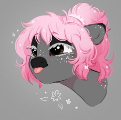 Size: 932x926 | Tagged: safe, artist:melodylibris, imported from derpibooru, oc, oc only, earth pony, pony, :p, black eyeshadow, brown eyes, bust, colored eartips, colored eyelashes, colored muzzle, cute, dark muzzle, eyebrows, eyebrows visible through hair, eyeshadow, facial markings, female, freckles, gradient mane, gray background, lidded eyes, makeup, mare, ocbetes, ponytail, simple background, solo, tongue out