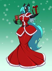 Size: 931x1280 | Tagged: safe, artist:toughset, imported from derpibooru, oc, oc only, anthro, changeling, changeling queen, breasts, busty oc, changeling queen oc, christmas, christmas changeling, clothes, commission, costume, dress, female, gradient background, green background, holiday, not chrysalis, open mouth, open smile, present, santa costume, simple background, smiling, snow, snowfall, solo