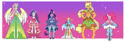 Size: 1280x435 | Tagged: safe, artist:vio-mlp-creator, imported from derpibooru, applejack, fluttershy, pinkie pie, rainbow dash, rarity, twilight sparkle, anthro, earth pony, pegasus, pony, unguligrade anthro, unicorn, breasts, clothes, covered nipples, dress, female, gala dress, gown, gradient background, grin, hand on hip, height difference, looking at you, mane six, mare, passepartout, smiling, smiling at you, smoldash, strategically covered, unicorn twilight