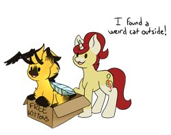 Size: 4289x3404 | Tagged: safe, artist:noxi1_48, imported from derpibooru, oc, oc only, oc:treble pen, bee pony, original species, pony, unicorn, box, cardboard box, daily dose of friends, duo, open mouth, open smile, pony in a box, simple background, smiling, transparent background