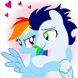 Size: 1400x1400 | Tagged: safe, artist:mlplary6, imported from derpibooru, rainbow dash, soarin', pegasus, pony, boyfriend and girlfriend, female, heart, hug, looking at each other, looking at someone, love, male, mare, shipping, smiling, smiling at each other, soarindash, stallion, straight