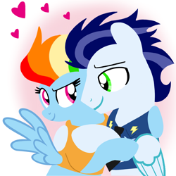 Size: 1400x1400 | Tagged: safe, artist:mlplary6, imported from derpibooru, rainbow dash, soarin', pegasus, pony, the last problem, bomber jacket, clothes, female, heart, hug, husband and wife, jacket, looking at each other, looking at someone, love, male, mare, older, older rainbow dash, older soarin', shipping, smiling, smiling at each other, soarindash, stallion, straight