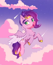 Size: 1240x1499 | Tagged: safe, artist:maxi_ponie, imported from derpibooru, pipp petals, pegasus, pony, adorapipp, chest fluff, cloud, concave belly, cute, diadem, eyebrows, female, flying, g5, jewelry, looking at you, mare, open mouth, open smile, regalia, signature, skinny pipp, sky, smiling, smiling at you, solo, spread wings, stars, unshorn fetlocks, wings