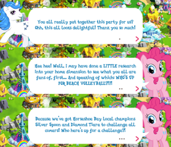 Size: 2048x1773 | Tagged: safe, idw, imported from derpibooru, majesty, pinkie pie, earth pony, pony, unicorn, dialogue, dialogue box, english, female, g1, g4, gameloft, horn, idw showified, implied diamond tiara, implied silver spoon, mare, mobile game, my little pony: magic princess, official, speech bubble, text