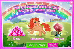 Size: 1961x1300 | Tagged: safe, idw, imported from derpibooru, cherries jubilee, earth pony, pony, advertisement, bow, bush, costs real money, english, female, g1, g4, gameloft, gem, idw showified, mare, mobile game, my little pony: magic princess, numbers, official, sale, solo, tail, tail bow, text, tree