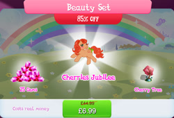 Size: 1263x858 | Tagged: safe, idw, imported from derpibooru, cherries jubilee, earth pony, pony, bow, bundle, bush, costs real money, english, female, g1, g4, gameloft, gem, idw showified, mare, mobile game, my little pony: magic princess, numbers, official, sale, solo, tail, tail bow, text, tree