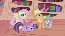 Size: 1920x1080 | Tagged: safe, imported from derpibooru, screencap, applejack, fluttershy, spike, twilight sparkle, dragon, earth pony, pegasus, unicorn, the ticket master, floppy ears, golden oaks library, indoors, looking offscreen, sad, scary, serious, unicorn twilight