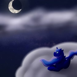 Size: 1500x1500 | Tagged: safe, artist:empressryutsuki, imported from derpibooru, princess luna, cloud, crescent moon, digital art, moon, night, solo, stars