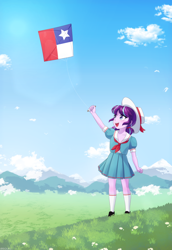 Size: 688x1000 | Tagged: safe, artist:riouku, imported from derpibooru, starlight glimmer, human, equestria girls, chile, commission, grass, grass field, hat, kite, pigtails, smiling, younger