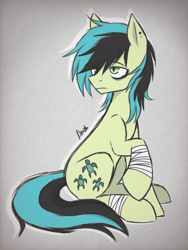 Size: 3072x4096 | Tagged: safe, imported from derpibooru, sandbar, earth pony, pony, alternate hairstyle, dyed hair, dyed mane, dyed tail, ear piercing, earring, emo, eyeliner, frown, implied self harm, jewelry, lidded eyes, makeup, male, piercing, raised hoof, sitting, smudged eyeliner, solo, tail, unhappy