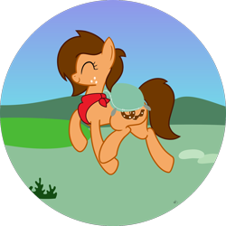 Size: 1348x1348 | Tagged: safe, artist:of-felt-and-cardboard, imported from derpibooru, oc, oc only, oc:vanilla wayfarer, earth pony, pony, background, bandana, female, flour, freckles, happy, mare, newbie artist training grounds, prancing, solo