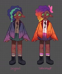 Size: 1363x1608 | Tagged: safe, artist:catmintyt, imported from derpibooru, human, spoiler:g5, bisexual pride flag, boots, clothes, cornrows, cute, dark skin, elf ears, freckles, g5, green eyes, humanized, misty brightdawn, mistybetes, pride, pride flag, rebirth misty, shoes, skirt, socks