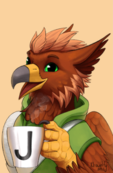 Size: 1419x2160 | Tagged: safe, artist:kleowolfy, imported from derpibooru, oc, oc only, oc:pavlos, griffon, bandage, broken bone, broken wing, bust, cast, chest fluff, claws, clothes, coffee mug, colored wings, eared griffon, folded wings, griffon oc, hoodie, injured, mug, simple background, sling, solo, wings