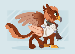 Size: 1797x1292 | Tagged: safe, artist:screamingrel, imported from derpibooru, oc, oc only, oc:pavlos, griffon, bandage, broken bone, broken wing, cast, claws, clothes, colored wings, eared griffon, griffon oc, injured, one wing out, paws, scarf, simple background, sling, solo, sweater, wings