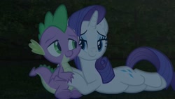 Size: 1333x750 | Tagged: safe, artist:georgegarza01, imported from derpibooru, screencap, rarity, spike, dragon, unicorn, age difference, cheek to cheek, child, female, holding hands, holding hooves, looking at each other, looking at someone, lying down, male, mare, night, ship:sparity, shipping, show accurate, smiling, smiling at each other, straight, winged spike, wings, younger, youtube link