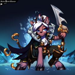 Size: 3000x3000 | Tagged: safe, artist:jedayskayvoker, imported from derpibooru, oc, oc:crimson vine, deer, antlers, blade, chest fluff, clothes, colored sketch, cosplay, costume, crossover, deer oc, femboy, gradient background, hook, league of legends, male, non-pony oc, sketch, smiling, solo, unshorn fetlocks