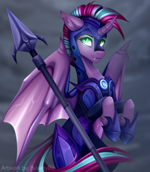 Size: 4134x4724 | Tagged: safe, artist:buvanybu, imported from derpibooru, oc, oc only, oc:cloud twist, alicorn, bat pony, bat pony alicorn, absurd resolution, armor, bat pony oc, bat wings, cloud, eyebrows, fangs, female, flying, horn, mare, not zipp storm, signature, solo, spear, spread wings, weapon, wings