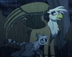 Size: 2000x1600 | Tagged: safe, artist:inuhoshi-to-darkpen, imported from derpibooru, gilda, oc, griffon, crying, griffon oc, looking at each other, looking at someone, looking down, open mouth, rain