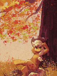 Size: 1280x1707 | Tagged: safe, artist:lendftcn, imported from derpibooru, applejack, earth pony, pony, autumn, crossed legs, female, film grain, grass, hooves behind head, looking at you, mare, sitting, solo, tree