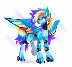 Size: 2048x1886 | Tagged: safe, artist:buvanybu, imported from derpibooru, rainbow dash, pegasus, pony, robot, robot pony, alternative cutie mark placement, colored sclera, rainbot dash, raised hoof, roboticization, simple background, slit pupils, solo, sparkly mane, sparkly tail, standing, tail, wheel, white background, yellow sclera