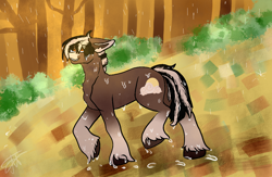 Size: 1280x835 | Tagged: safe, artist:deadsmoke, imported from derpibooru, oc, oc only, oc:cristopher, earth pony, autumn, commission, forest, nature, rain, solo, sun, warm, wet, wet mane
