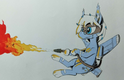 Size: 2595x1683 | Tagged: safe, artist:darkhestur, imported from derpibooru, oc, oc only, oc:azure interdictor, mosquito, original species, plane pony, pony, fire, flame thrower, flying, glasses, hybrid oc, marker drawing, paws, plane, simple background, solo, traditional art, white background, wings