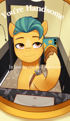 Size: 1600x2733 | Tagged: safe, artist:maren, imported from derpibooru, hitch trailblazer, earth pony, pony, bathroom, caption, g5, image macro, male, male pov, mirror, offscreen character, offscreen male, phone, pov, solo, stallion, text