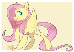 Size: 1707x1215 | Tagged: safe, artist:truust5117, imported from derpibooru, fluttershy, pegasus, pony, cute, female, looking back, mare, profile, raised hoof, shyabetes, signature, simple background, smiling, solo, yellow background
