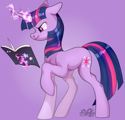Size: 1805x1741 | Tagged: safe, artist:truust5117, imported from derpibooru, twilight sparkle, pony, unicorn, book, female, floppy ears, glowing, glowing horn, horn, magic, mare, purple background, scrunchy face, signature, simple background, solo, telekinesis, unicorn twilight
