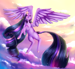 Size: 1280x1169 | Tagged: safe, artist:xkittyblue, imported from derpibooru, twilight sparkle, alicorn, pony, cloud, crown, female, flying, jewelry, mare, redraw, regalia, signature, sky, smiling, solo, twilight sparkle (alicorn)
