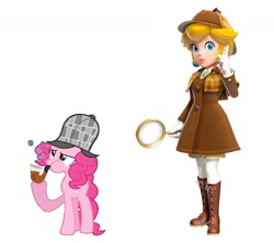Size: 1440x1280 | Tagged: artist needed, safe, imported from derpibooru, pinkie pie, earth pony, human, pony, blue eyes, boots, clothes, crossover, deerstalker, detective, detective peach, dress, ear piercing, earring, female, gloves, hat, jewelry, leggings, magnifying glass, nintendo, nintendo direct, piercing, pipe, princess peach, princess peach showtime, sherlock holmes, sherlock pie, shoes, simple background, spoilers for another series, super mario bros., white background