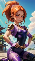 Size: 1664x2880 | Tagged: safe, imported from derpibooru, adagio dazzle, human, equestria girls, ai content, ai generated, belt, boots, breasts, chinese garden, clothes, cloud, day, female, fingerless gloves, generator:aniverse thxed14, generator:mlp adagiodazzle-10, generator:stable diffusion, gloves, grin, hand on hip, jewelry, kneeling, looking at you, necklace, outdoors, pantyhose, pauldron, ponytail, prompt in description, prompter:marusame, purple eyes, reasonably sized breasts, samurai, shoes, skintight clothes, small breasts, smiling, solo, thigh boots, upscaled
