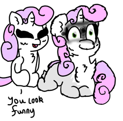 Size: 1568x1538 | Tagged: safe, artist:sweetsterty, imported from derpibooru, sweetie belle, pony, unicorn, chest fluff, cute, diasweetes, female, filly, foal, happy, innocent, insanity, self paradox, self ponidox, simple background, this will end in death, white background