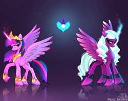 Size: 2048x1623 | Tagged: safe, artist:petaltwinkle, imported from derpibooru, opaline arcana, twilight sparkle, alicorn, pony, crystal, duo, duo female, earth pony crystal, female, g5, glowing, glowing horn, horn, mare, pegasus crystal, twilight sparkle (alicorn), unicorn crystal, unity crystals