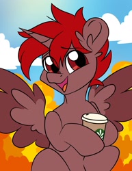 Size: 1690x2192 | Tagged: safe, artist:grelkastrelka, imported from derpibooru, oc, oc:hardy, alicorn, pony, coffee cup, coffee mug, cup, ear fluff, looking at you, male, mug, open mouth, spread wings, stallion, wings