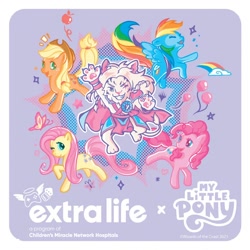 Size: 1200x1200 | Tagged: safe, imported from derpibooru, applejack, fluttershy, pinkie pie, rainbow dash, big cat, butterfly, earth pony, lion, pegasus, pony, ajani goldmane, apple, balloon, chibi, cloud, controller, dice, extra life, female, food, grin, happy, magic the gathering, mare, merchandise, my little pony logo, official, one eye closed, purple background, rainbow, simple background, smiling, stars, sticker, wink