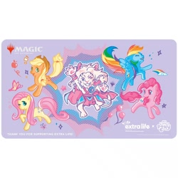 Size: 1200x1200 | Tagged: safe, imported from derpibooru, applejack, fluttershy, pinkie pie, rainbow dash, big cat, butterfly, earth pony, lion, pegasus, pony, ajani goldmane, balloon, chibi, cloud, controller, dice, extra life, female, grin, happy, looking at you, magic the gathering, mare, merchandise, official, playmat, purple background, rainbow, simple background, smiling, stars