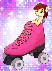 Size: 1380x1860 | Tagged: safe, artist:single purpose, imported from derpibooru, oc, oc:canni soda, earth pony, 80s, looking at you, micro, skates, solo