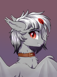 Size: 2749x3684 | Tagged: safe, artist:qwq2233, imported from derpibooru, oc, oc only, oc:k4·df, bat pony, pony, collar, looking at you, slit pupils, smiling, solo, spread wings, wings