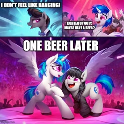 Size: 500x500 | Tagged: safe, imported from derpibooru, dj pon-3, octavia melody, vinyl scratch, earth pony, pony, unicorn, ai content, ai generated, alcohol, beer, bipedal, clothes, club, crowd, dance floor, dancing, floating wings, generator:pony diffusion v5, jacket, leather, leather jacket, party, quadrupedal, smiling, suit, wings