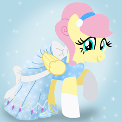 Size: 1400x1400 | Tagged: safe, artist:mlplary6, imported from derpibooru, fluttershy, pegasus, pony, cinderella, clothes, dress, female, looking at you, mare, smiling, smiling at you