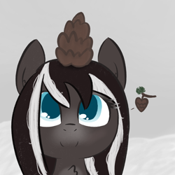 Size: 1020x1020 | Tagged: safe, artist:castafae, imported from derpibooru, oc, oc only, oc:pine ponder, pony, chest fluff, female, floating heart, heart, mare, on head, pinecone, smiling, snow, snowpony, solo, yakutian horse