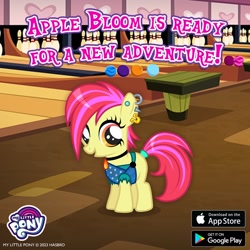 Size: 1080x1080 | Tagged: safe, imported from derpibooru, apple bloom, earth pony, pony, alternate hairstyle, bowling alley, bowling ball, bowling pin, clothes, collar, ear piercing, female, filly, foal, gameloft, looking at you, makeup, piercing, solo, table, text