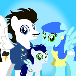 Size: 1400x1400 | Tagged: safe, artist:mlplary6, imported from derpibooru, soarin', oc, oc:cloudy storm, oc:sky thunder, pegasus, pony, bomber jacket, clothes, colt, colt soarin', family, father and child, father and son, female, foal, husband and wife, jacket, looking at you, male, mare, mother and child, mother and son, smiling, smiling at you, stallion, younger