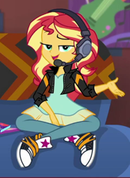 Size: 318x437 | Tagged: safe, imported from derpibooru, screencap, sunset shimmer, human, equestria girls, equestria girls series, game stream, spoiler:eqg series (season 2), clothes, couch, cropped, dress, gamer sunset, headphones, jacket, leather, leather jacket, pants, solo, sunset's apartment, trainers