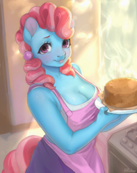 Size: 2304x2927 | Tagged: safe, artist:hirichie, imported from derpibooru, cup cake, anthro, earth pony, big breasts, blushing, breasts, busty cup cake, cake, cleavage, cooking, cute, female, food, g4, kitchen, looking at you, plump, smiling, solo, younger