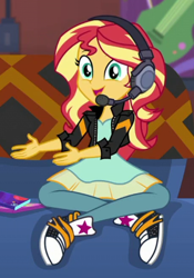 Size: 305x435 | Tagged: safe, imported from derpibooru, screencap, sunset shimmer, human, equestria girls, equestria girls series, game stream, spoiler:eqg series (season 2), clothes, couch, cropped, cute, dress, gamer sunset, headphones, jacket, leather, leather jacket, pants, shimmerbetes, solo, sunset's apartment, trainers