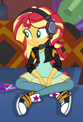 Size: 293x425 | Tagged: safe, imported from derpibooru, screencap, sunset shimmer, human, equestria girls, equestria girls series, game stream, spoiler:eqg series (season 2), clothes, couch, cropped, cute, dress, gamer sunset, headphones, jacket, leather, leather jacket, pants, shimmerbetes, solo, sunset's apartment, trainers