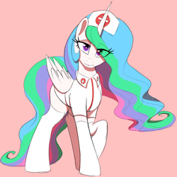 Size: 1000x1000 | Tagged: safe, artist:thebatfang, princess celestia, alicorn, pony, clothes, colored sketch, hat, leggings, lidded eyes, lip bite, looking at you, nurse celestia, nurse outfit, pink background, raised hoof, simple background, solo